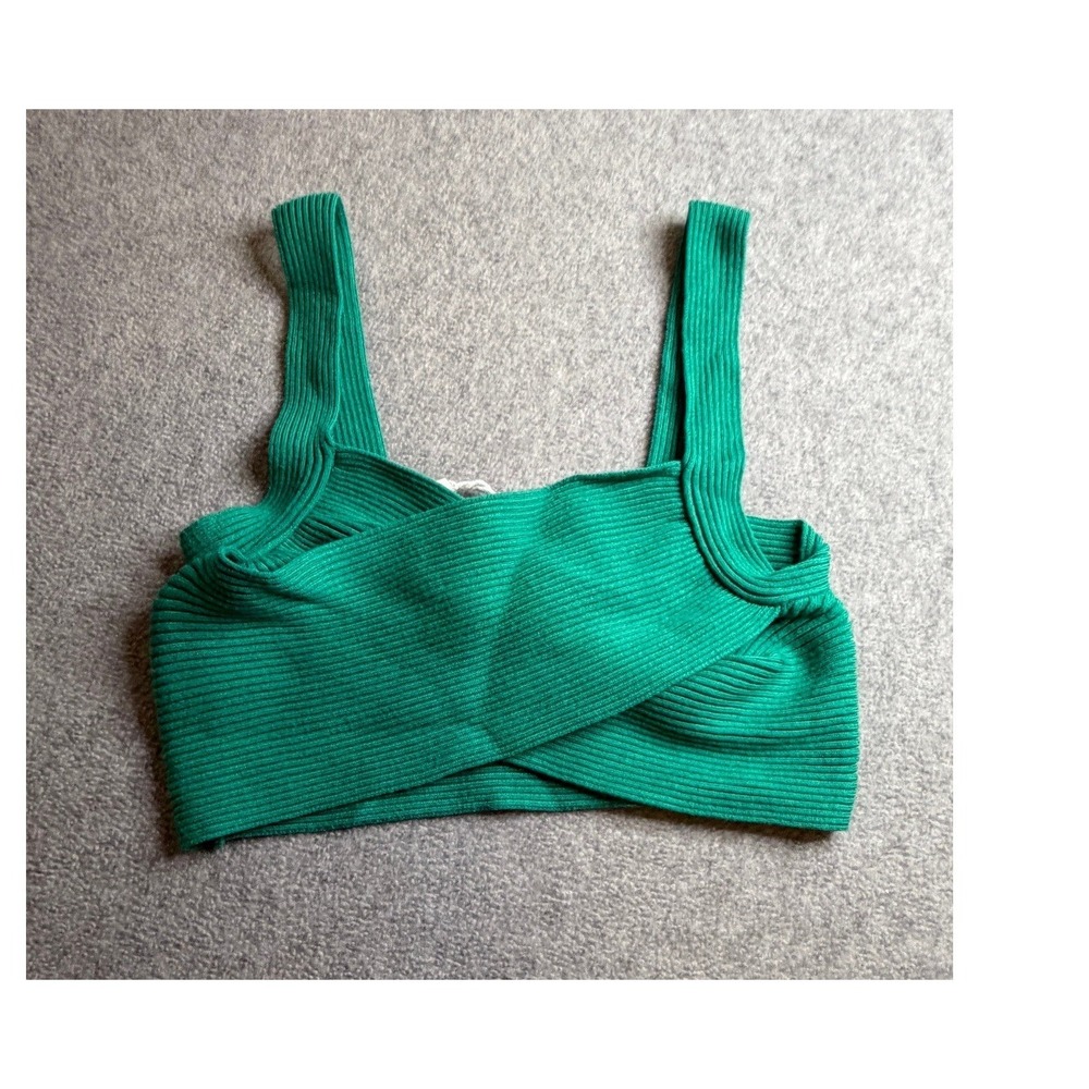 Mango MNG Green Ribbed Knit Crossover Wrap Crop Top Sleeveless XS - Picture 3 of 5